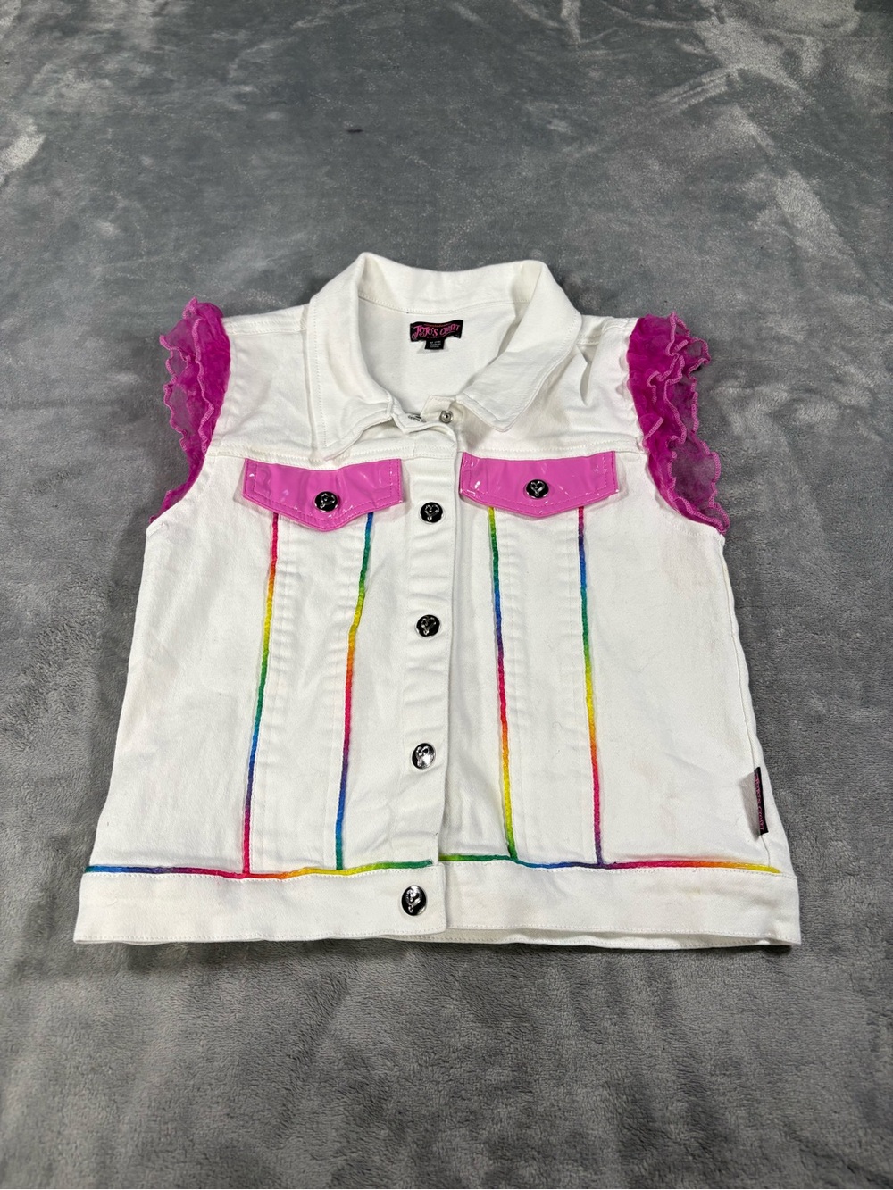 Nickelodeon White Denim Vest with Pink Ruffle Sleeves and Rainbow Stitch